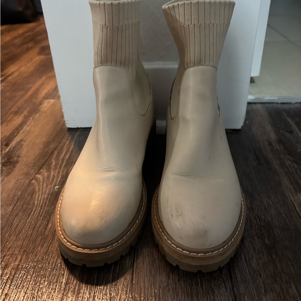 Cream Ankle Boots with Ribbed Sock Detail